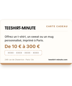 Carte cadeau Teeshirt-Minute de 10 à 300 €, à offrir pour un t-shirt, un sweat ou un mug personnalisé
