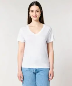 T-shirt femme col V blanc personnalisable, vue de face
