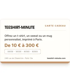 Carte cadeau Teeshirt-Minute de 10 à 300 €, à offrir pour un t-shirt, un sweat ou un mug personnalisé